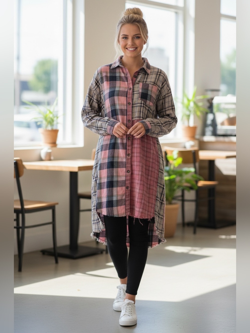 Oli & Hali Plaid High-Low Shirt Dress Plaid Mixed Longline Sz L Boho